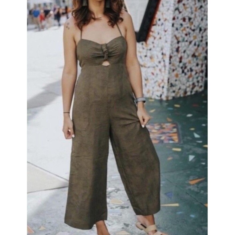Anthropologie Elevenses Tropical Olive Green Jumpsuit Floral Stitching – Sz 2